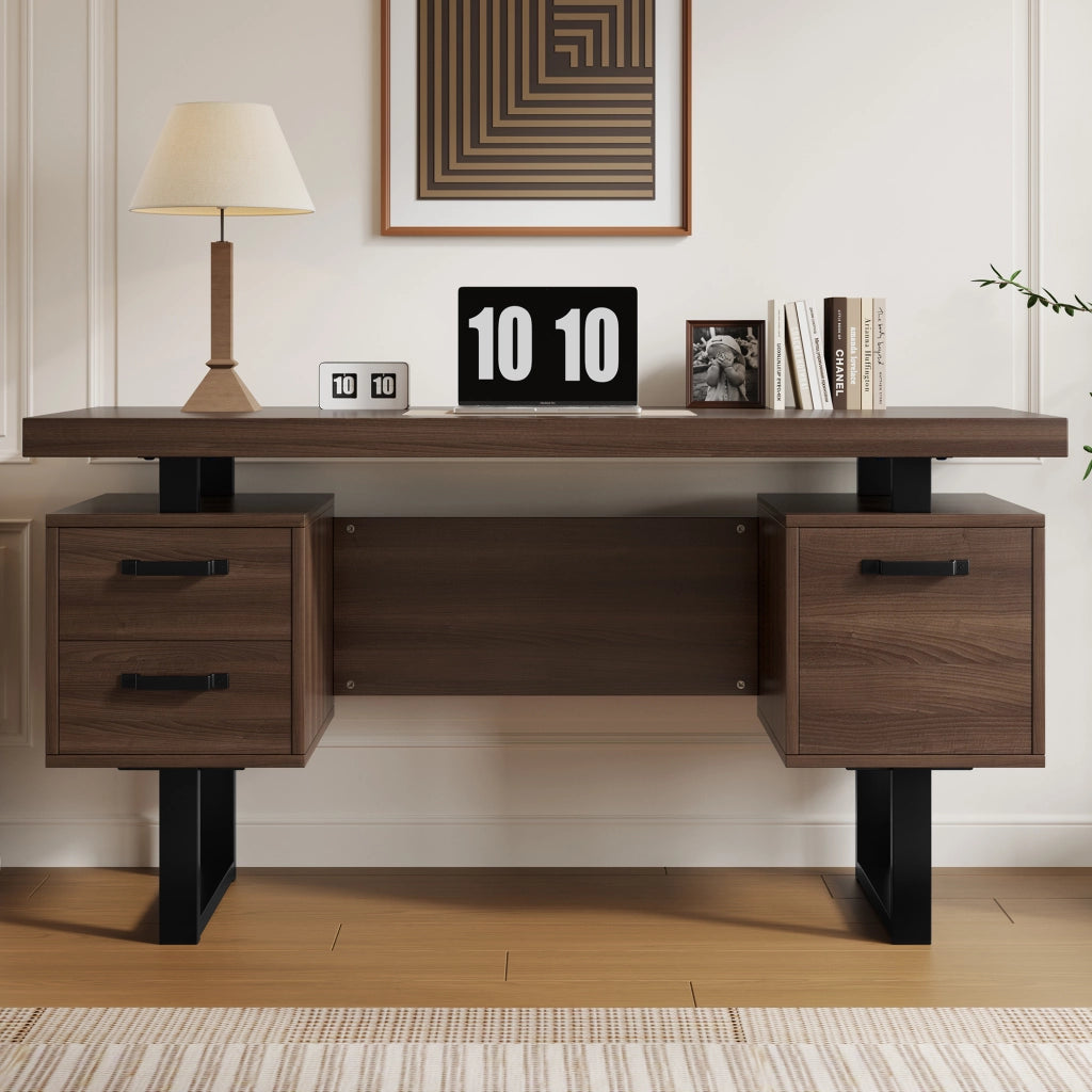 Scrivania da ufficio 135x54 cm con 2 cassetti e vano portadocumenti; MDF e metallo nero/marrone
