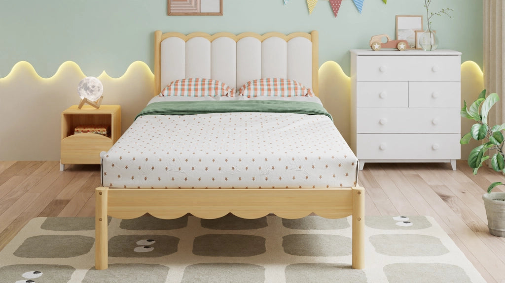 Letto imbottito per bambini con testiera in PU e doghe, 90x200 cm, beige