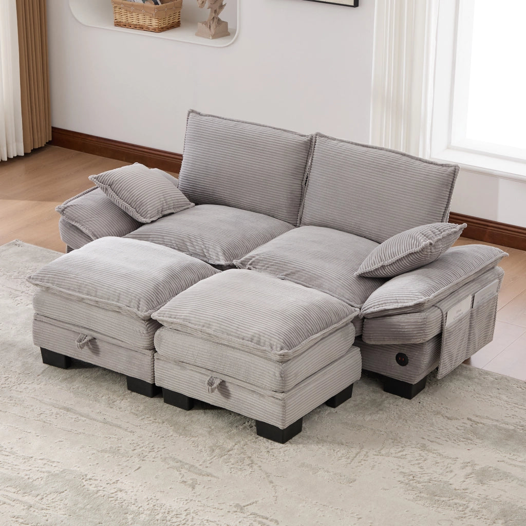 Divano 2 Posti con Poggiapiedi in Tessuto ¨C MINIMAL ¨C Grigio Chiaro