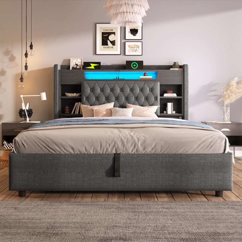 Letto contenitore 180×200 cm con LED; USB; USB-C e vani; senza materasso; grigio