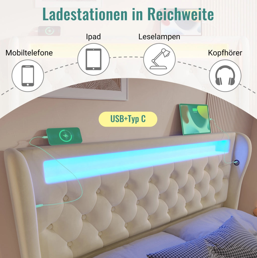 Letto matrimoniale 160x200 con LED, USB-C e vano contenitore