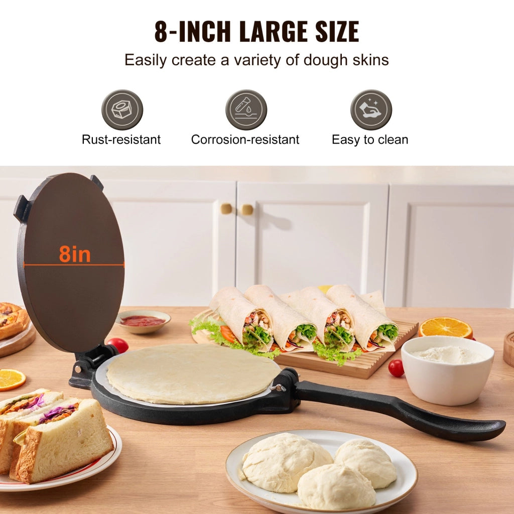 Pressa Manuale per Tortilla e Piadine in Ghisa HES200 Diametro 20 cm con 100 Fogli di Carta da Forno per Cucina e Uso Domestico
