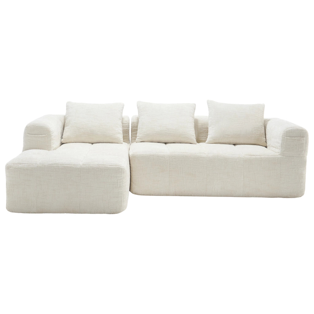 Divano modulare a L in chenille beige con chaise longue, 3 cuscini e tasche laterali