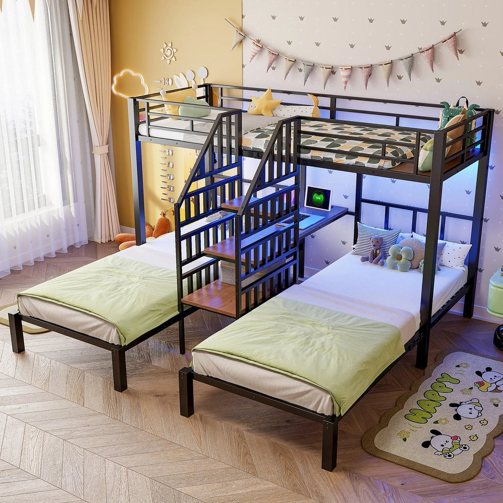 Letto a Castello 3 Posti con Scrivania e Scaffale ¨C Xylo ¨C Nero, LED, USB, 90x200