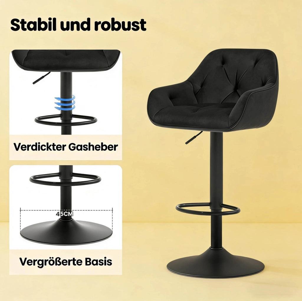 SGABELLO BAR Regolabile 62,5-84 cm in Velluto Nero Set da 2 pezzi