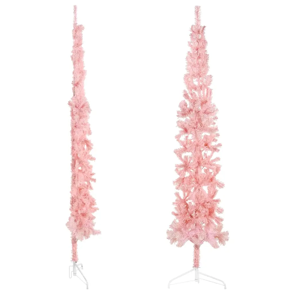 Albero Natale Artificiale Sottile a Met¨¤ e Supporto-Albero Natalizio Rosa 210 cm