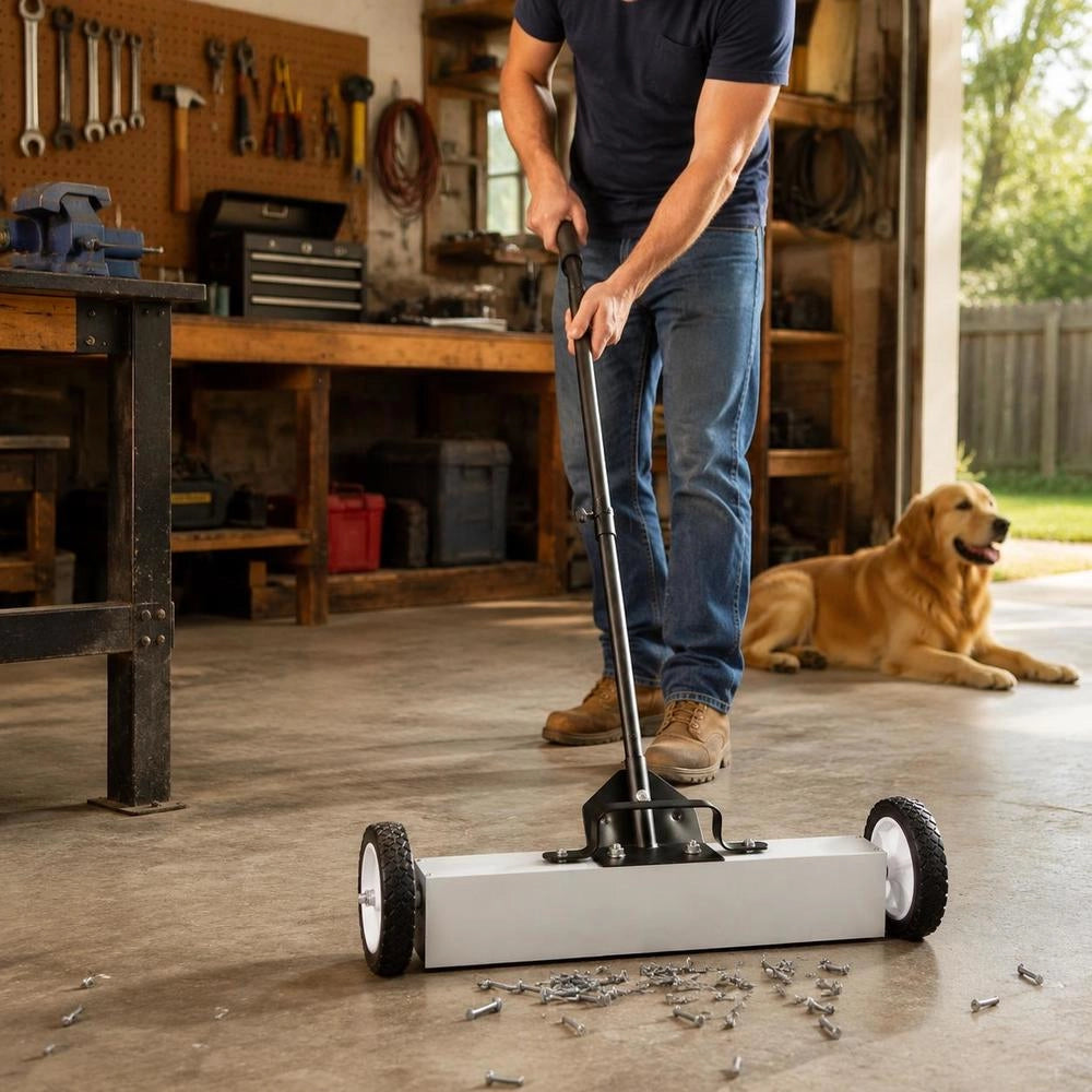 24-inch Magnetic Sweeper With Wheels, 50 Lbs Capacity, With Extendable Magnetic Pickup Tool, Adjustable Handle, Magnetic Pickup Sweeper For Picking Up Nails And Screws, For Workshop, Garage, Yard