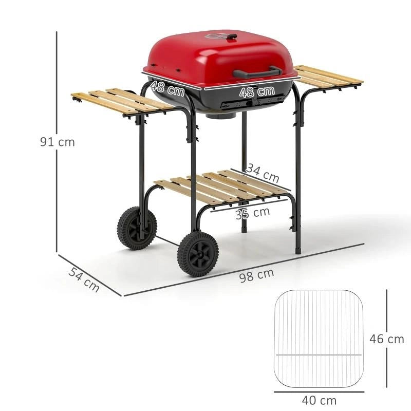 BARBECUE A CARBONE CON 3 RIPIANI E RUOTE, COPERCHIO CON PRESA D'ARIA REGOLABILE, ROSSO