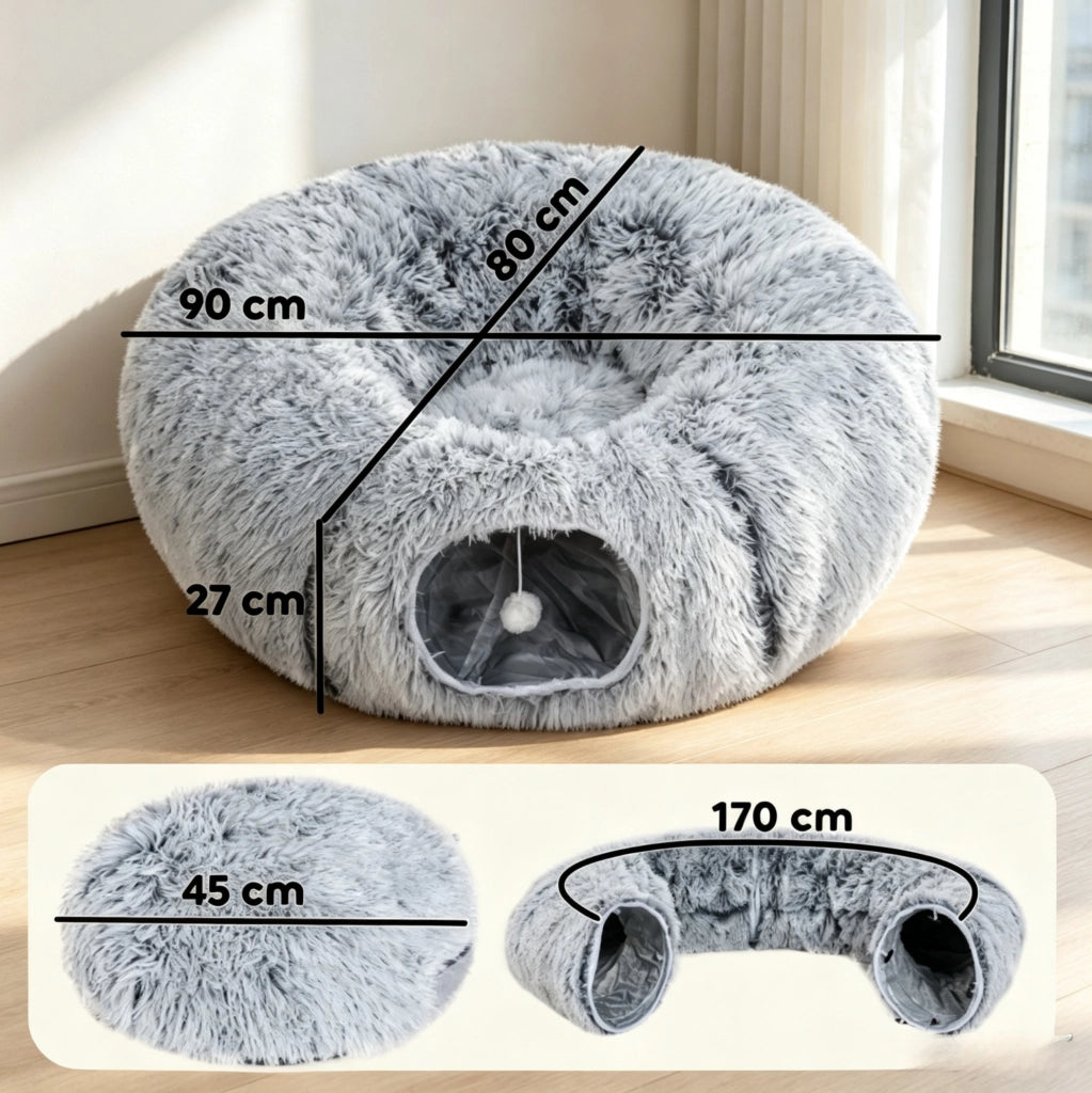 Tunnel per gatti modulabile con cuccia donut e cuscino lavabile grigio chiaro