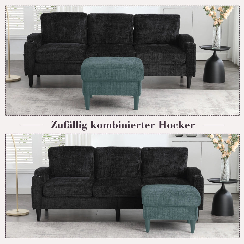 DIVANO 4 POSTI CON POUF CONTENITORE 196,5x75x77 cm CHENILLE NERO
