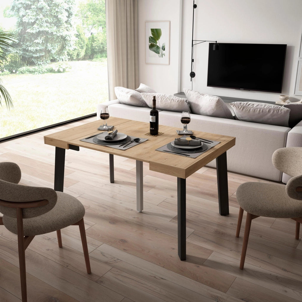 Consolle allungabile, 140x90x73cm, Per 6 persone, Gambe in legno, colore Rovere e nero RF3032
