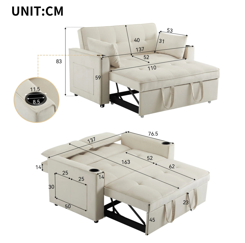 SOFA LETTO 3-in-1 137x76,5x83 cm Velluto Beige con 2 cuscini