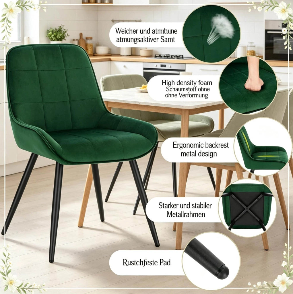 SEDIA Set da 4 pezzi in velluto verde scuro con gambe in metallo