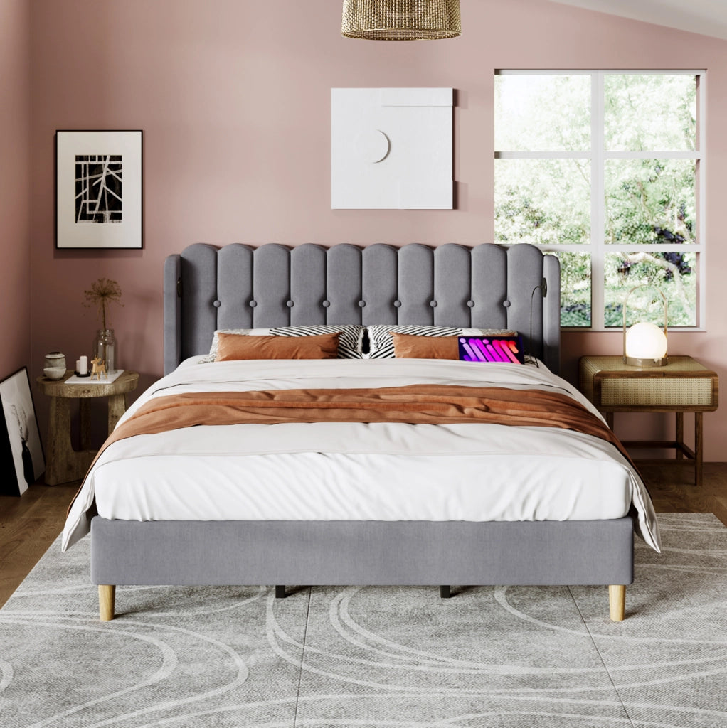 LETTO Matrimoniale 140x200 cm in lino grigio con USB e Type-C