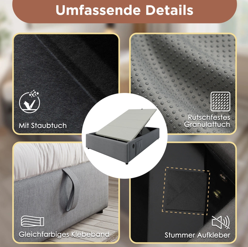 LETTO Contenitore 140x200 cm Grigio in lino con USB e Type-C