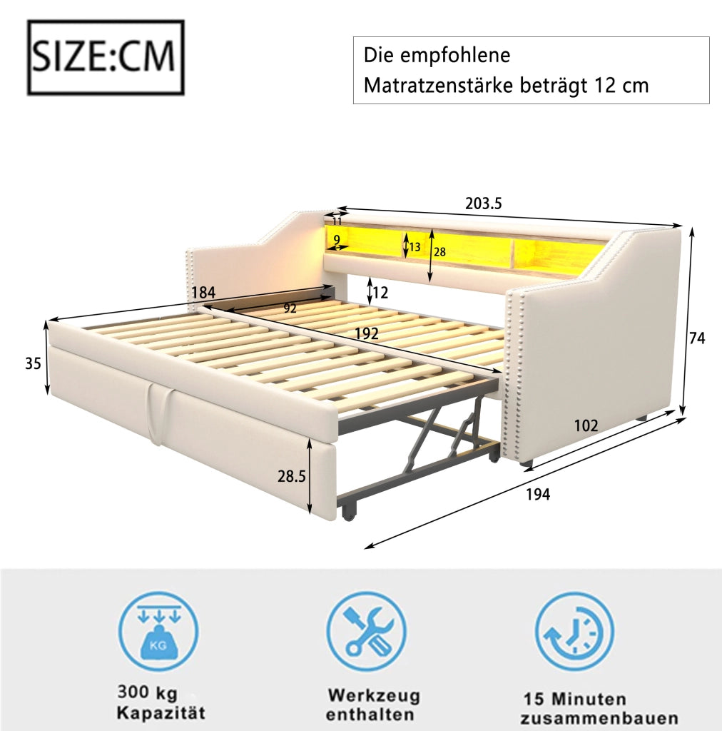 Divano letto estraibile imbottito 90/180x190 cm beige con LED USB