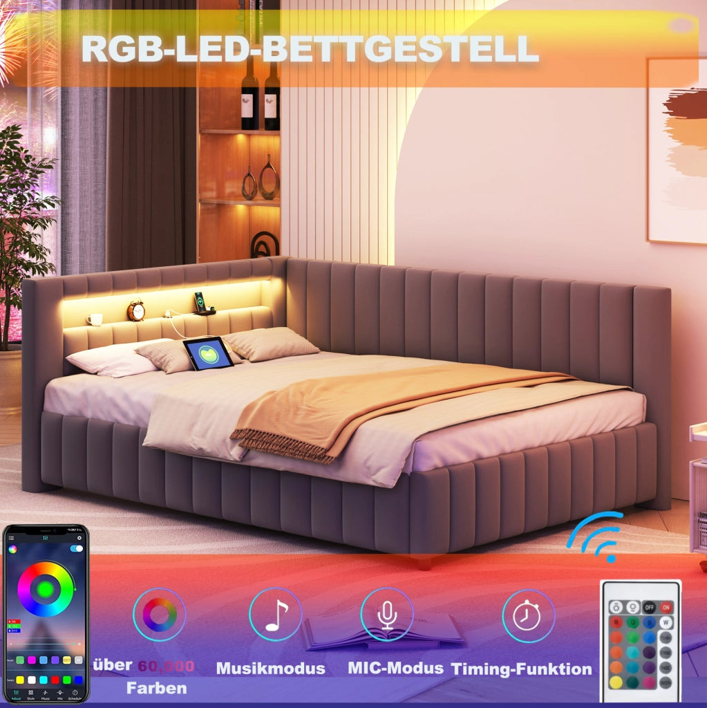 Letto imbottito a L 140x200 cm in velluto grigio con LED e porta USB