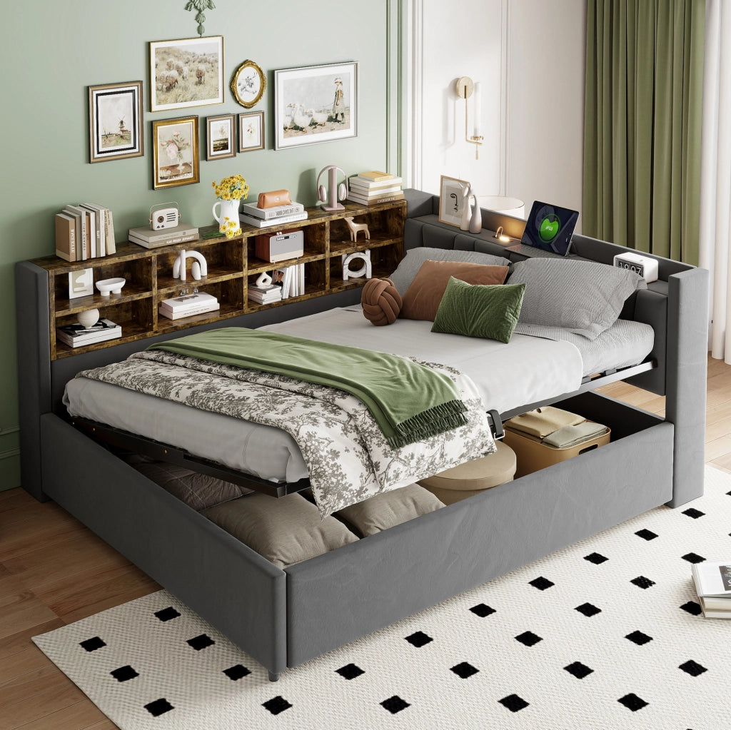 Letto imbottito 140x200 cm con contenitore, USB e luce notturna