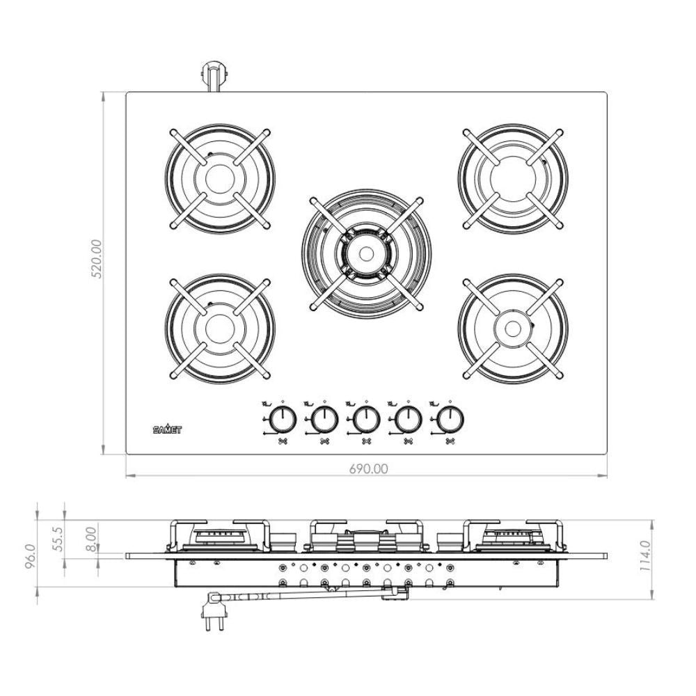 Piano cottura Samet Minerva 70 da incasso a gas 5 fuochi con manopole frontali in vetro bianco