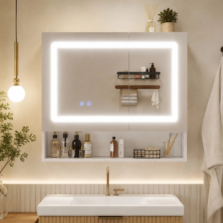 Armadietto a Specchio da Bagno con LED Regolabile; Pensile a Doppia Anta con Ripiani Regolabili e Vano Aperto; Mobile Bagno; Bianco; 80x17x70 cm
