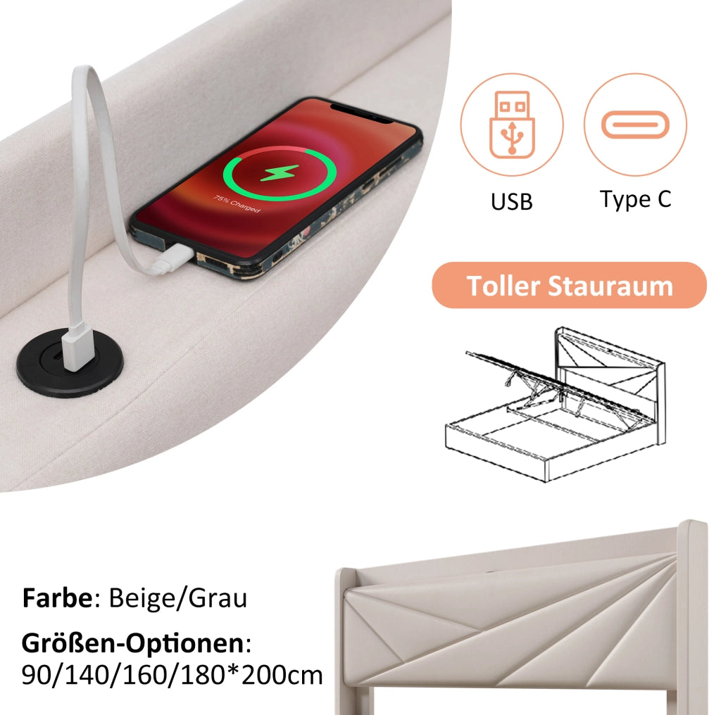 LETTO Contenitore 160x200 cm con USB e USB-C Beige in cotone e lino