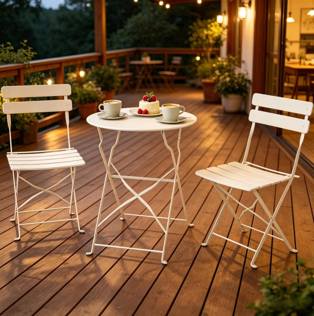 Set bistrot pieghevole da esterno crema, tavolo e 2 sedie