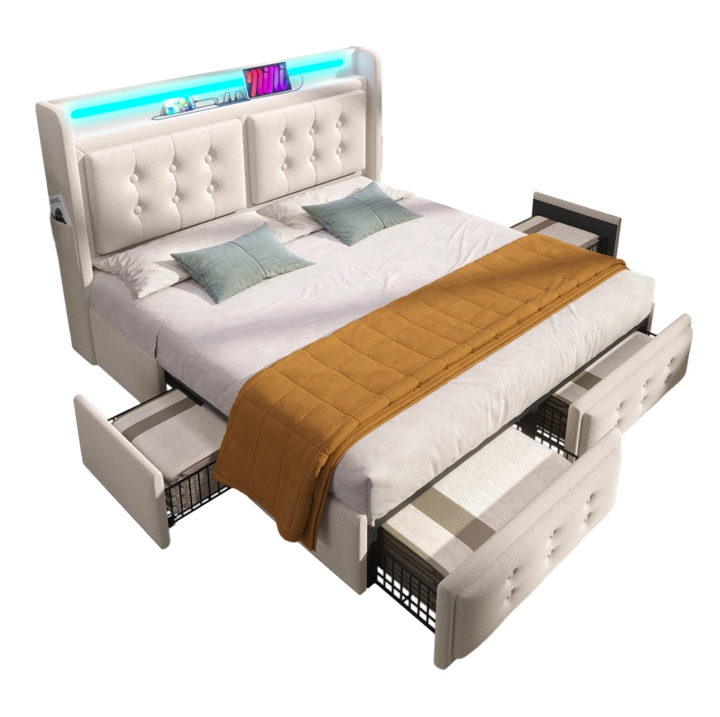 Letto matrimoniale 140x200 beige con materasso, LED, USB e cassetti