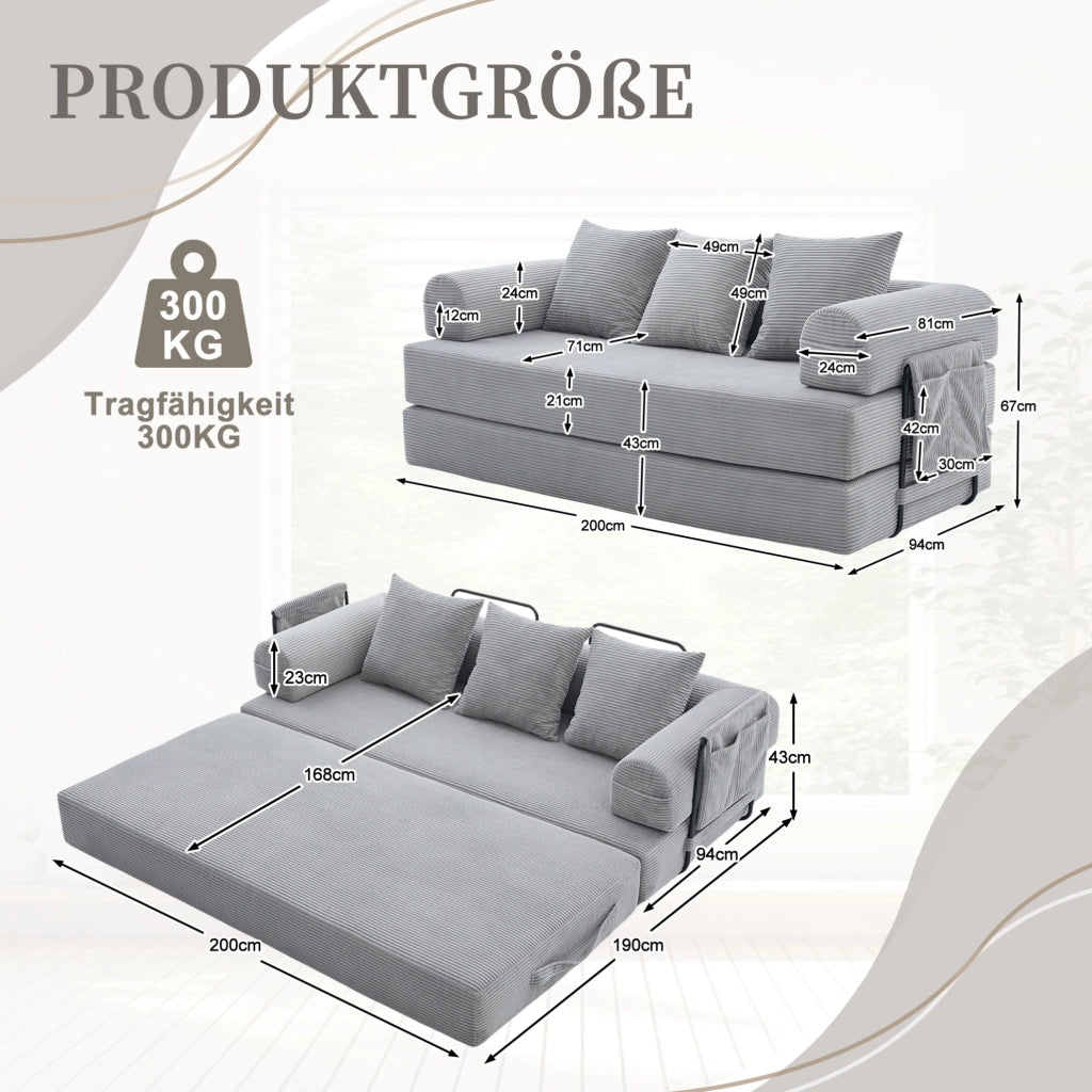 DIVANO modulare 200x94x67 cm in velluto a coste grigio chiaro
