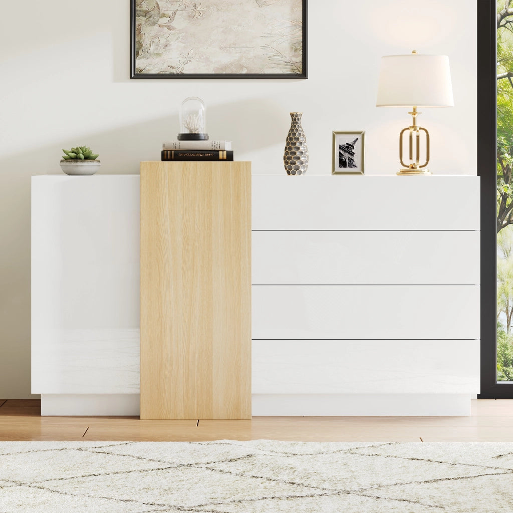 Credenza bianca lucida 140 cm con 4 cassetti e 2 ante; in MDF