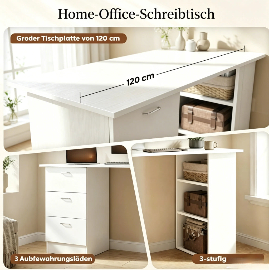 Scrivania da Ufficio in MDF Bianca con 3 Cassetti e 3 Ripiani, 120x49x72 cm