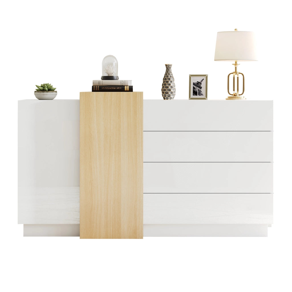Credenza bianca lucida 140 cm con 4 cassetti e 2 ante; in MDF