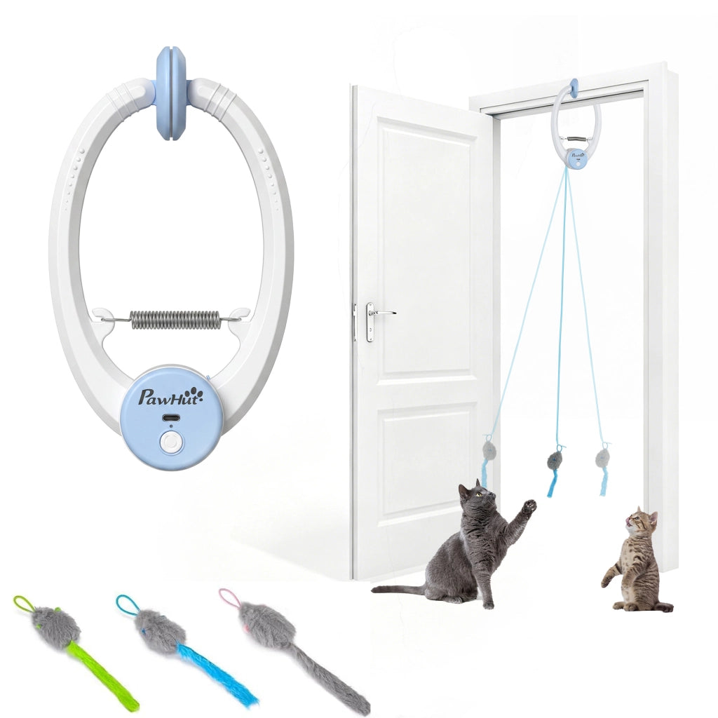 Gioco Interattivo per Gatti da Appendere alla Porta con Topo Rimbalzante Ricaricabile USB Bianco 24,1 x 13,8 x 6,6 cm