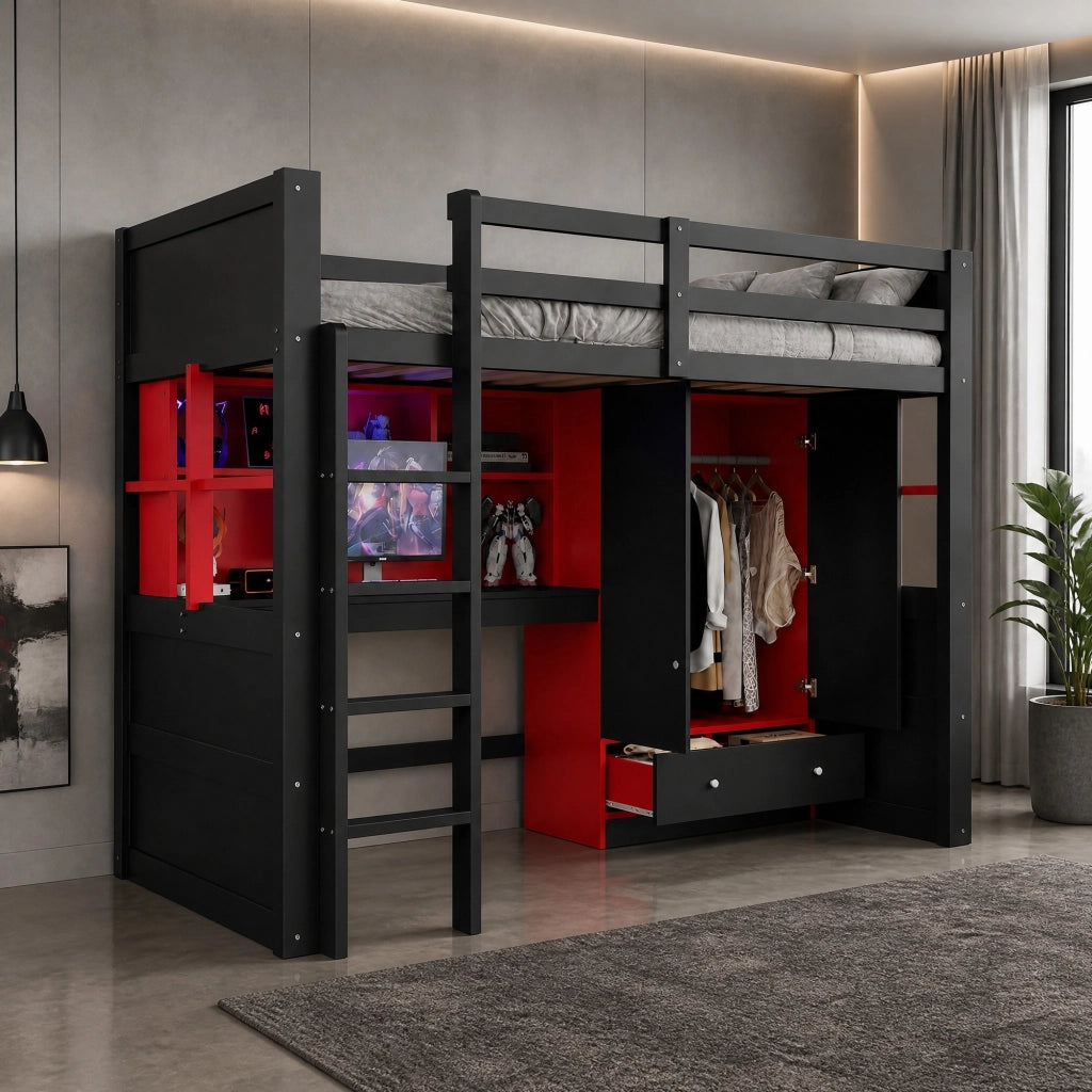 Hochbett 90x200 cm in legno; nero e rosso; con LED; prese; armadio e cassetti