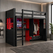 Hochbett 90x200 cm in legno; nero e rosso; con LED; prese; armadio e cassetti