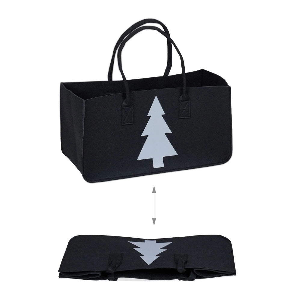 Pratico cesto porta legna da ardere con motivo albero di Natale 50 x 40 x 40 cm in feltro nero 13_0014107
