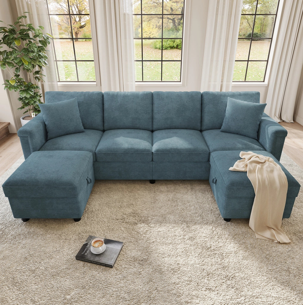Divano modulare blu in ciniglia 261x134x82 cm con 2 pouf contenitore; USB e Type-C