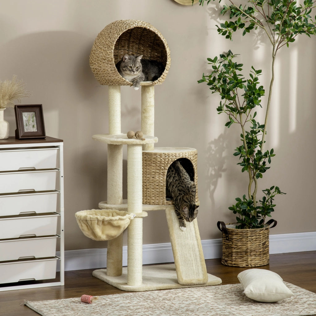 Albero tiragraffi per gatti 60 x 60 x 150 cm beige con amaca, rampa e anti-ribaltamento