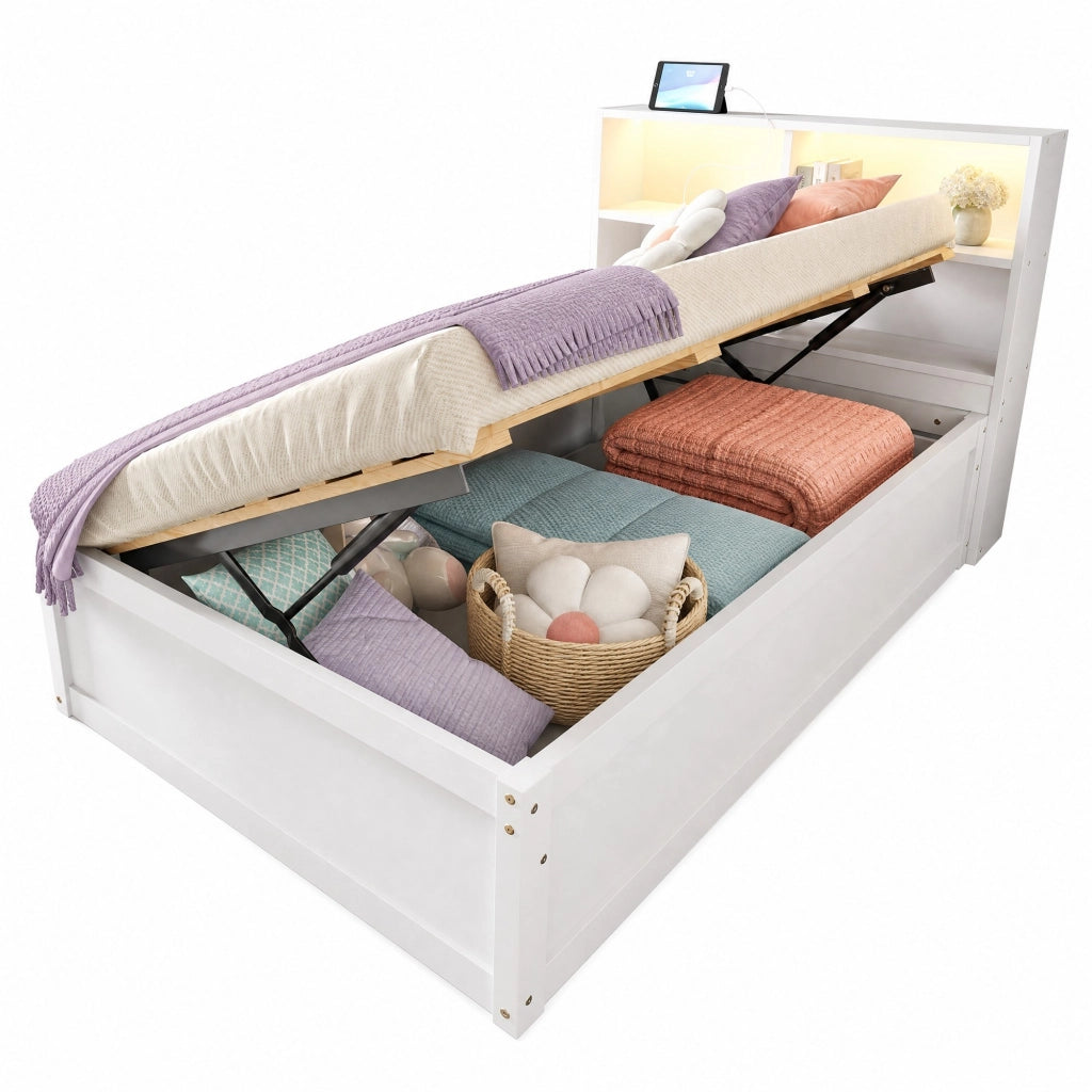 Letto singolo multifunzione 90x200 cm con LED e vani, bianco