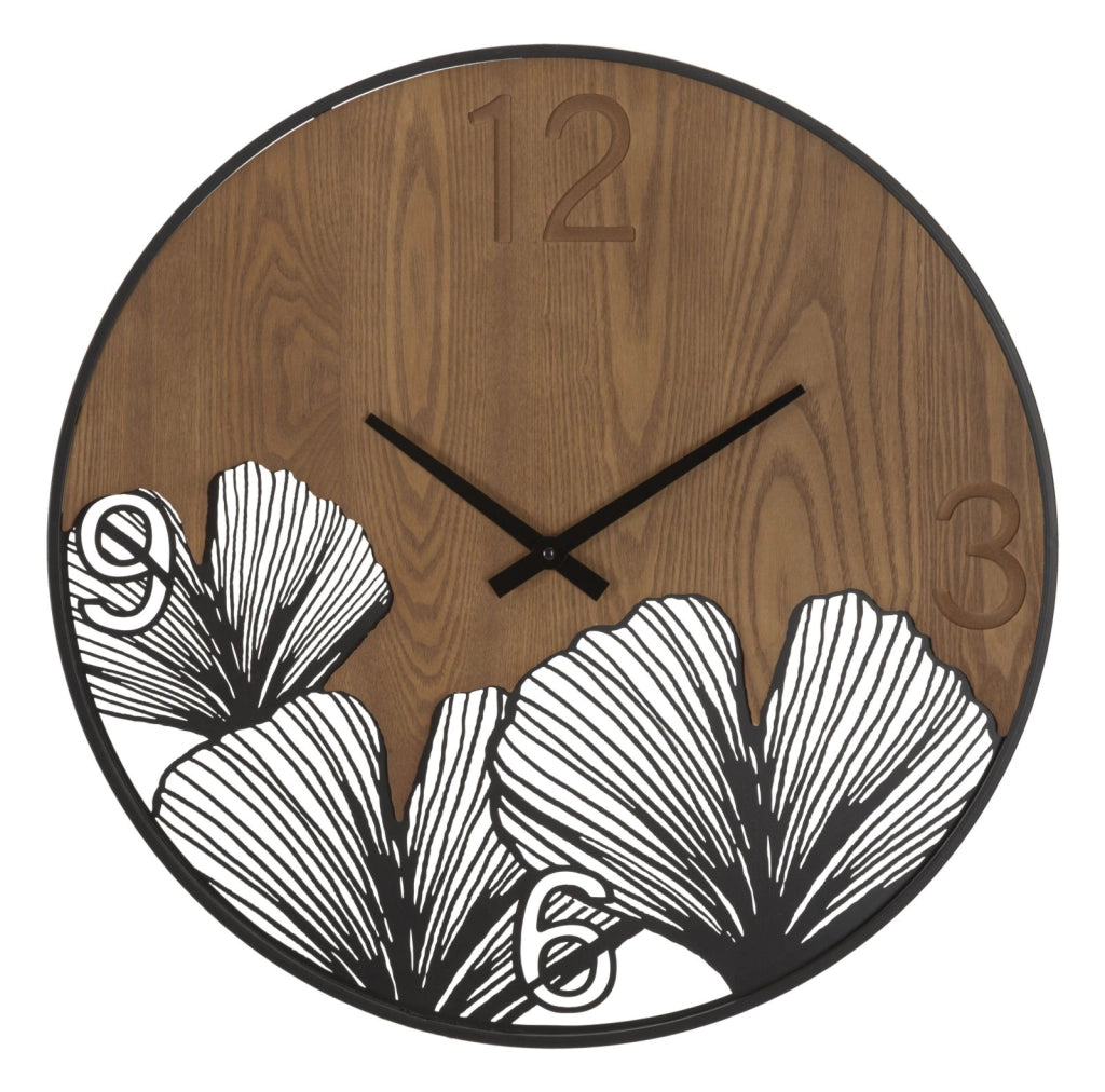 Orologio da Muro Super Wood/Leaf 60x2x60 cm in Ferro e MDF Nero e Marrone