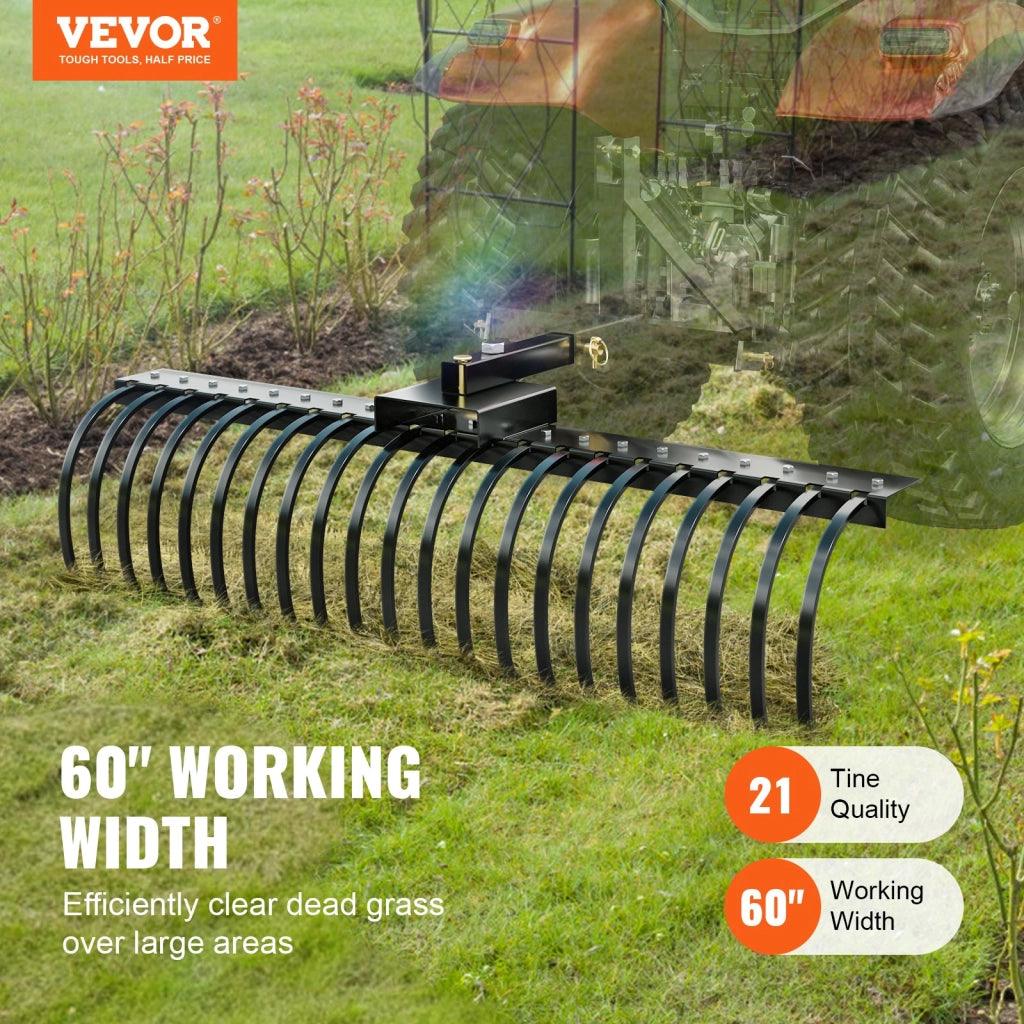 Arieggiatore e Rastrello da Traino per Prato ATVLR60 1524 mm, 21 Denti in Acciaio Q235, per Giardino e Paesaggistica, Robusto e Pratico