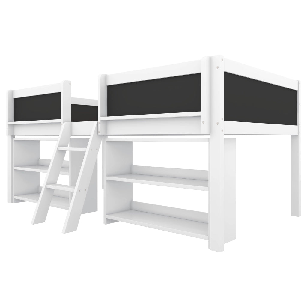 Letto per Bambini Semialto 90x200 cm con Ripiani; Scala e Sponde di Sicurezza; Pino e MDF Bianco