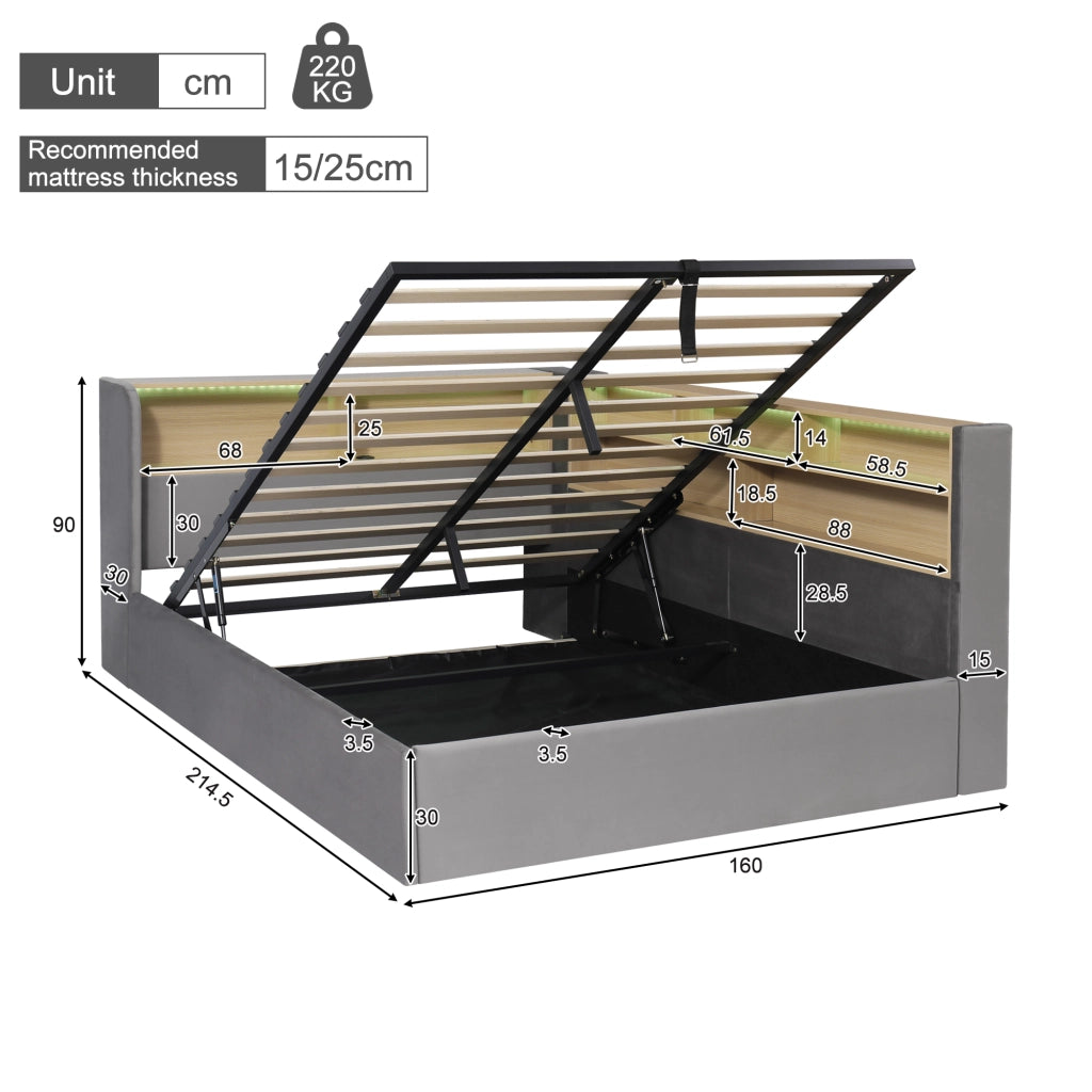 Letto per bambini con contenitore idraulico in velluto grigio con LED USB e porta type-c