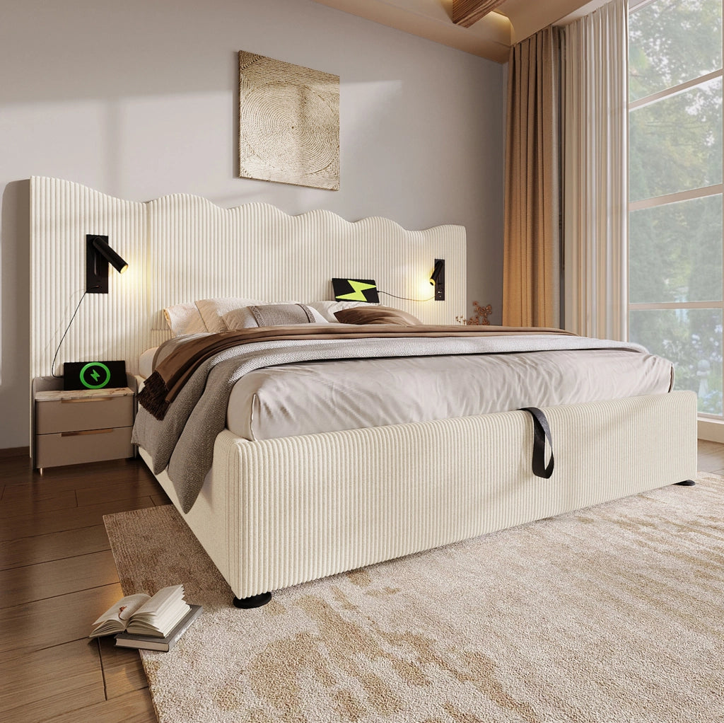 Letto matrimoniale 180x200 beige con contenitore e USB-C