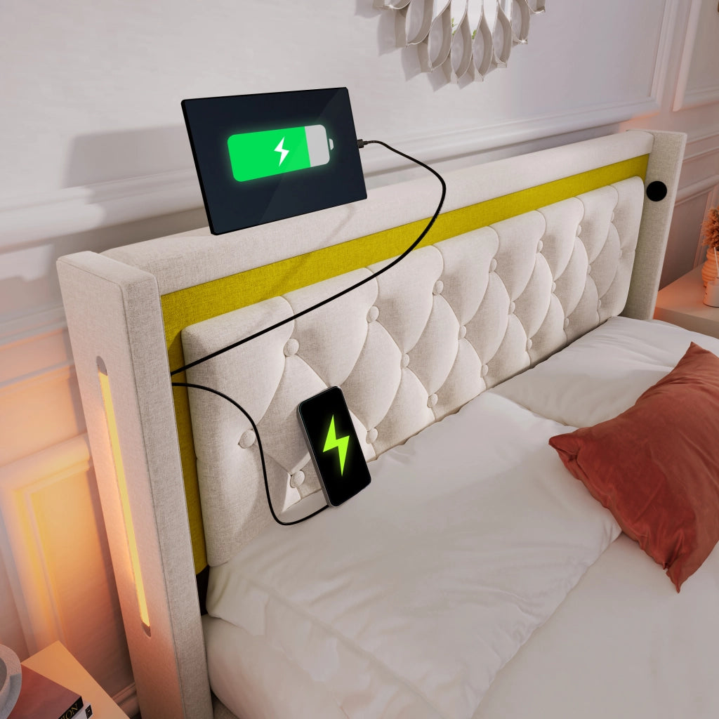 Letto matrimoniale LED 140x200 in cotone beige con USB e Type-C, contenitore e rete a doghe