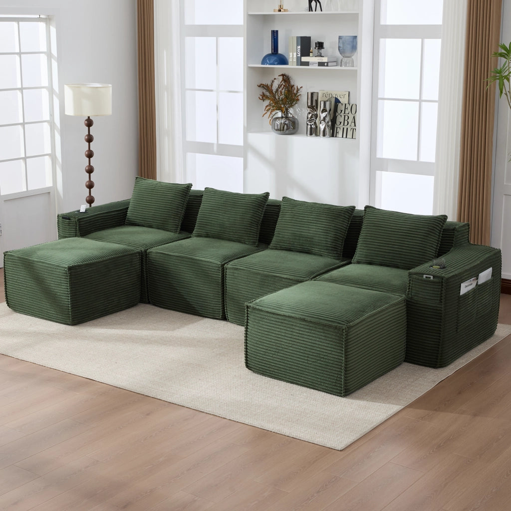 DIVANO modulare 4 posti in corduroy verde con 2 pouf