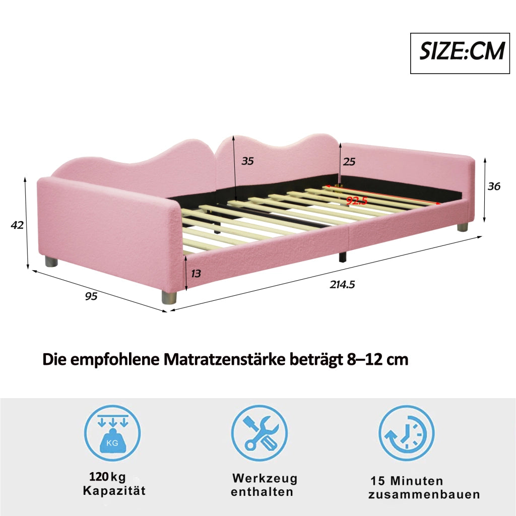 Letto singolo 90 × 200 cm imbottito con rete a doghe; schienale e braccioli; rosa