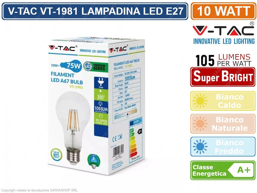 V-TAC VT-1981 LAMPADINA LED E27 10W BULB A60 GOCCIA FILAMENTO EXTRA LUNGO VETRO TRASPARENTE - Colore Luce:Bianco Naturale