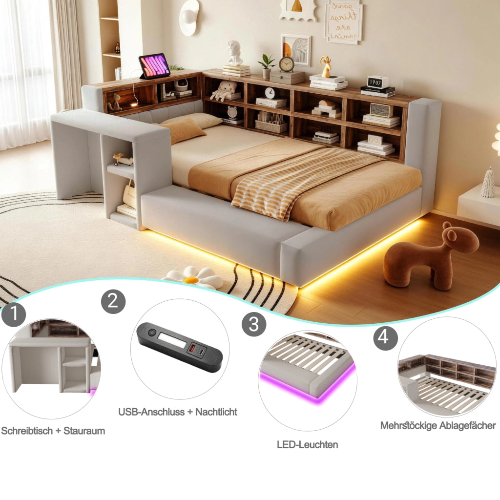 Letto singolo imbottito 90 × 200 cm in velluto grigio chiaro con LED prese integrate e ripiani contenitore