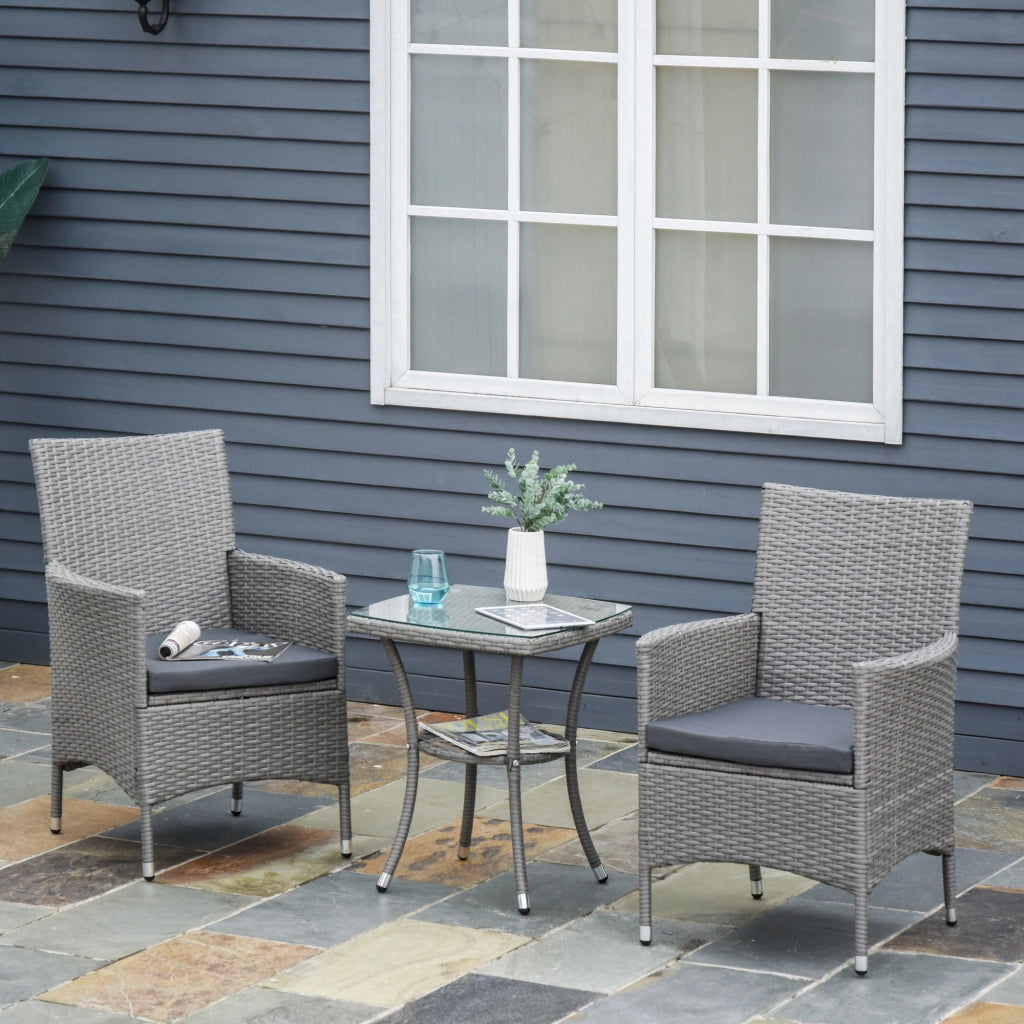 Set mobili da balcone 3 pezzi in rattan grigio con tavolino e cuscini sfoderabili