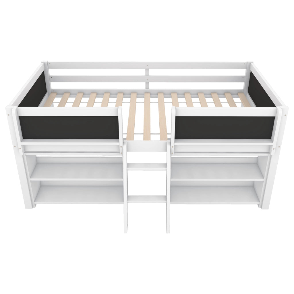Letto per Bambini Semialto 90x200 cm con Ripiani; Scala e Sponde di Sicurezza; Pino e MDF Bianco